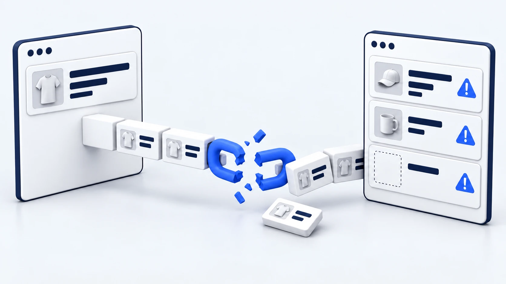 Product information stops at a broken connection, leaving gaps and warning markers in the feed.