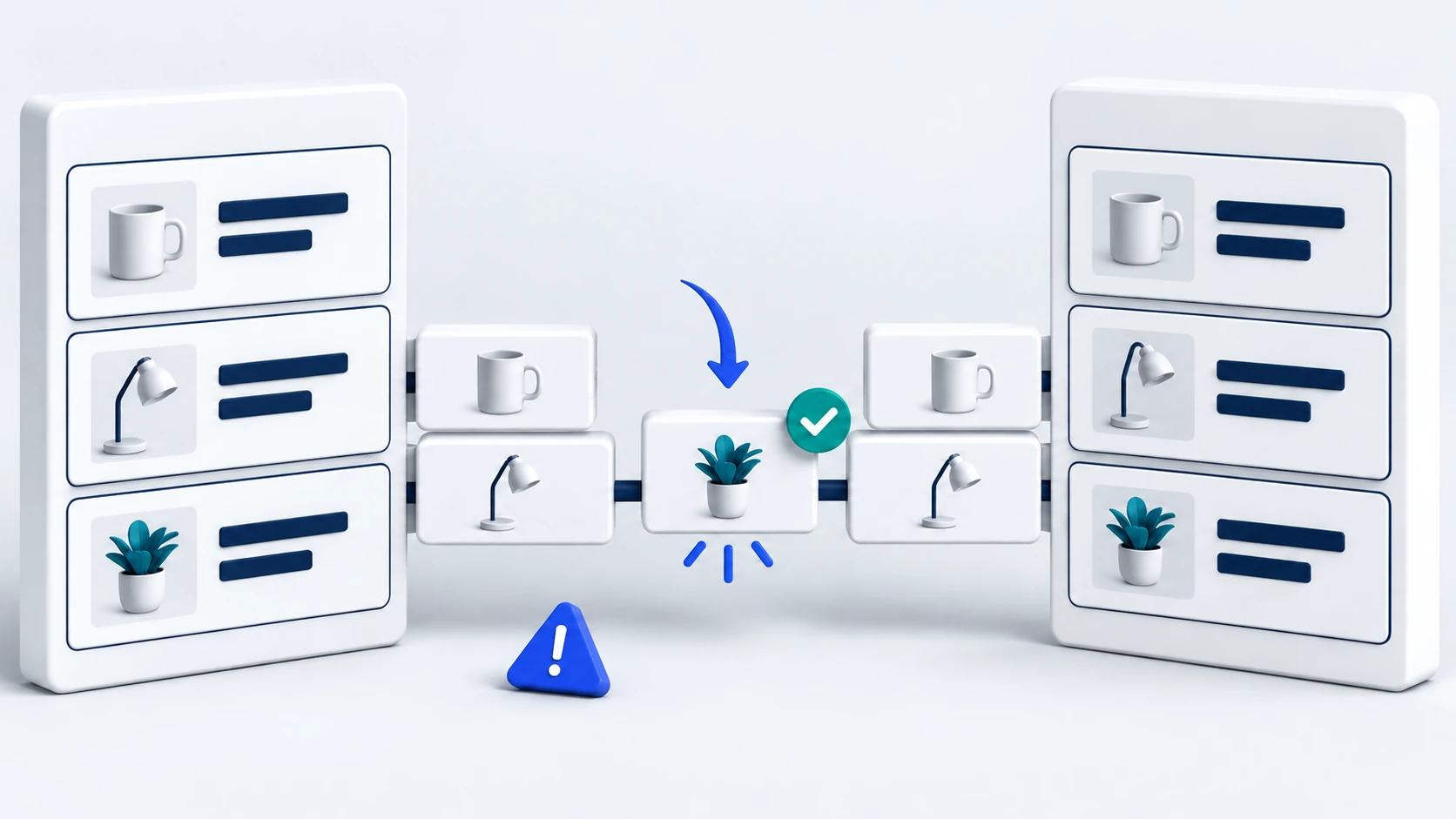 A blue guide arrow aligns the missing product-data tile between the store and feed, reconnecting the records as errors are corrected.